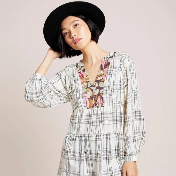 Anthro Darlene Metallic Floral Plaid Peasant Split Neck Linen Blend Tunic NWOT - Picture 14 of 14